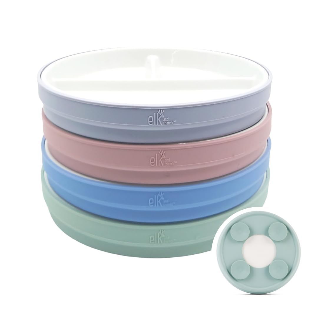 Elk and Friends Kids - Platos divididos de porcelana blanca de 7.8 pulgadas con mangas de succión de silicona, adecuados para bebés/niños pequeños, aptos para microondas y lavaplatos, vajilla para