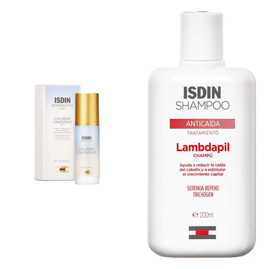 ISDIN Isdinceutics hyaluronic concentrate, serum facial ligero y ultrahidratante, con acido hialuronico - 30ml + Lambdapil, Champú Anticaída, Ayuda a Reducir la Caída, 200ml