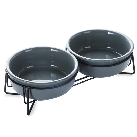 GDCZ Ceramics - Cuencos para Perros pequeños con Soporte de Metal Elevado para Comida de Mascotas y Platos de Agua, 15 onzas (Gris)