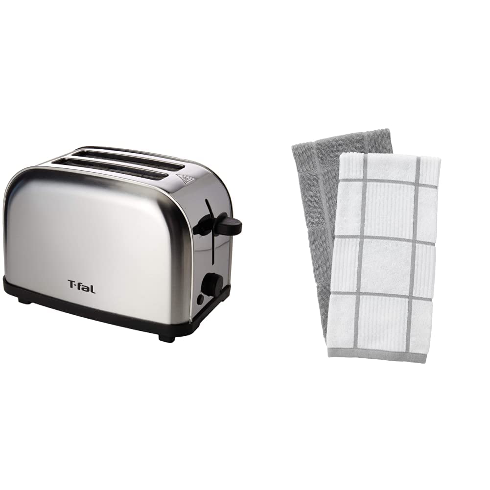 Tostador de Pan T-Fal TT330DMX Ultra Toaster Compacto Inox para dos panes + Textiles 60954 - Paquete de 2 Toallas de Cocina de 100% algodón, Color Gris, sólido/a Cuadros, 2 Unidades