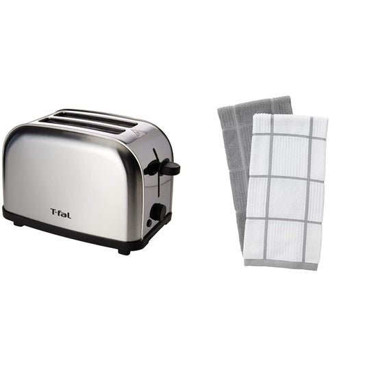 Tostador de Pan T-Fal TT330DMX Ultra Toaster Compacto Inox para dos panes + Textiles 60954 - Paquete de 2 Toallas de Cocina de 100% algodón, Color Gris, sólido/a Cuadros, 2 Unidades