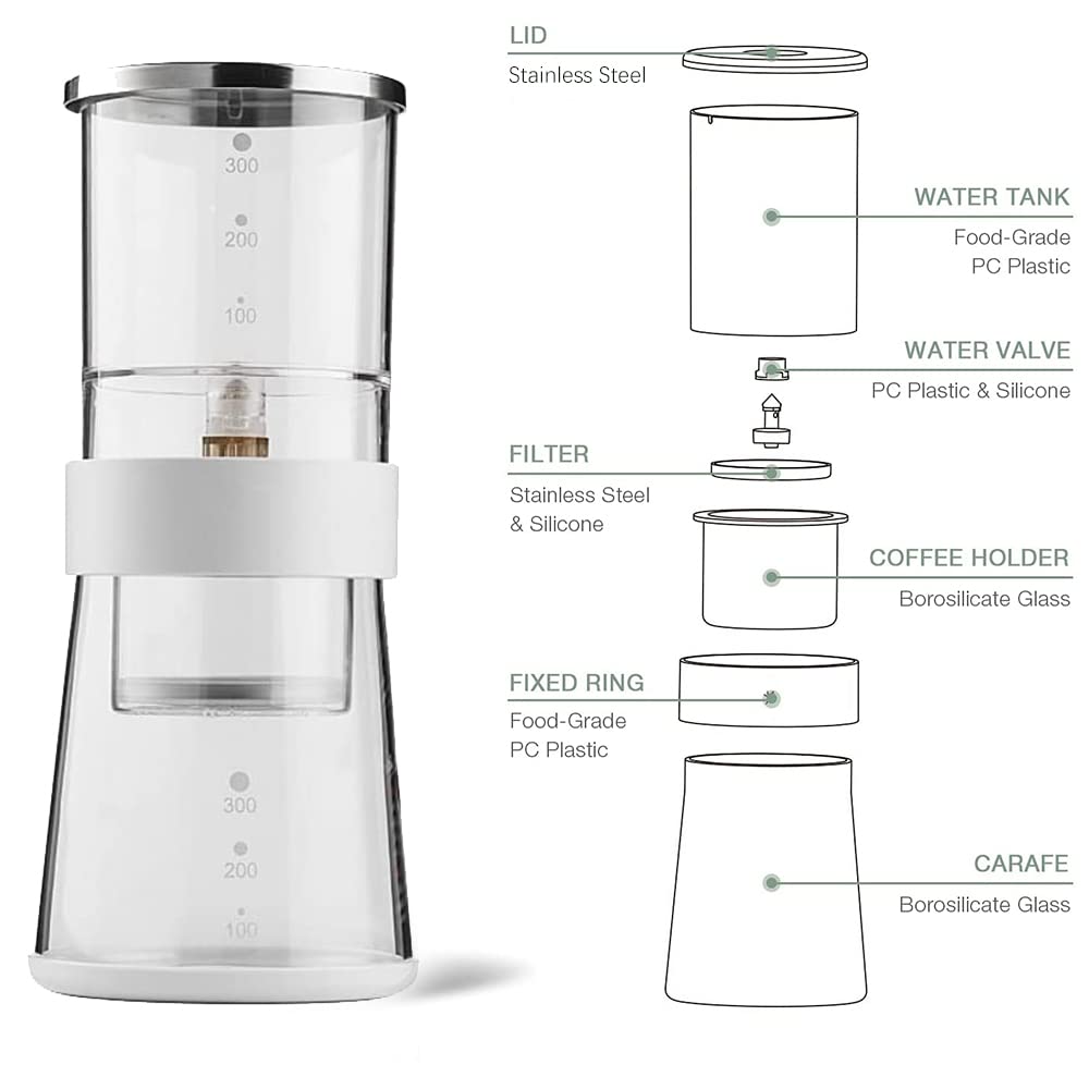 BLARYETI - Cafetera para goteo de hielo, 14 onzas, café frío, gotero suave, lento, frío, gotero, concentrado, con flujo de agua ajustable, filtro de acero inoxidable