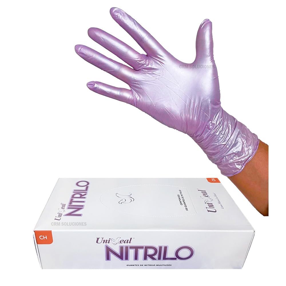Guante de nitrilo acabado metálico ambidiestro, ajuste perfecto y hergonómico, flexible y cómodo UNISEAL caja con 100 piezas (Lila, Mediano)