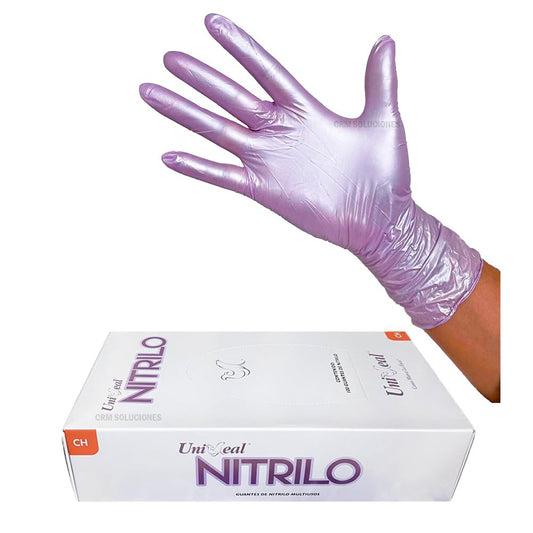 Guante de nitrilo acabado metálico ambidiestro, ajuste perfecto y hergonómico, flexible y cómodo UNISEAL caja con 100 piezas (Lila, Mediano)