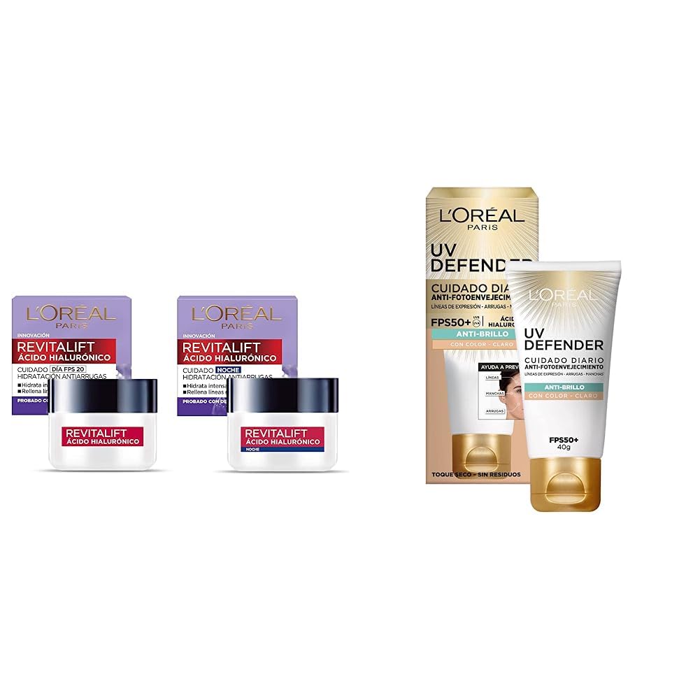 L'Oreal Paris Kit revitalift cuidado facial: crema de dia y crema de noche + L'Oréal Paris Protector Solar Diario Anti-Brillo FPS50+ UV Defender Tono Claro, 40ml