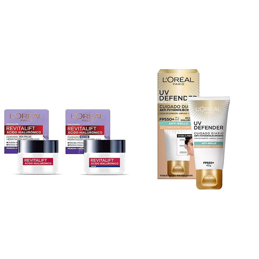 L'Oreal Paris Kit revitalift cuidado facial: crema de dia y crema de noche + L'Oréal Paris Protector Solar Diario Anti-Brillo FPS50+ UV Defender Tono Claro, 40ml