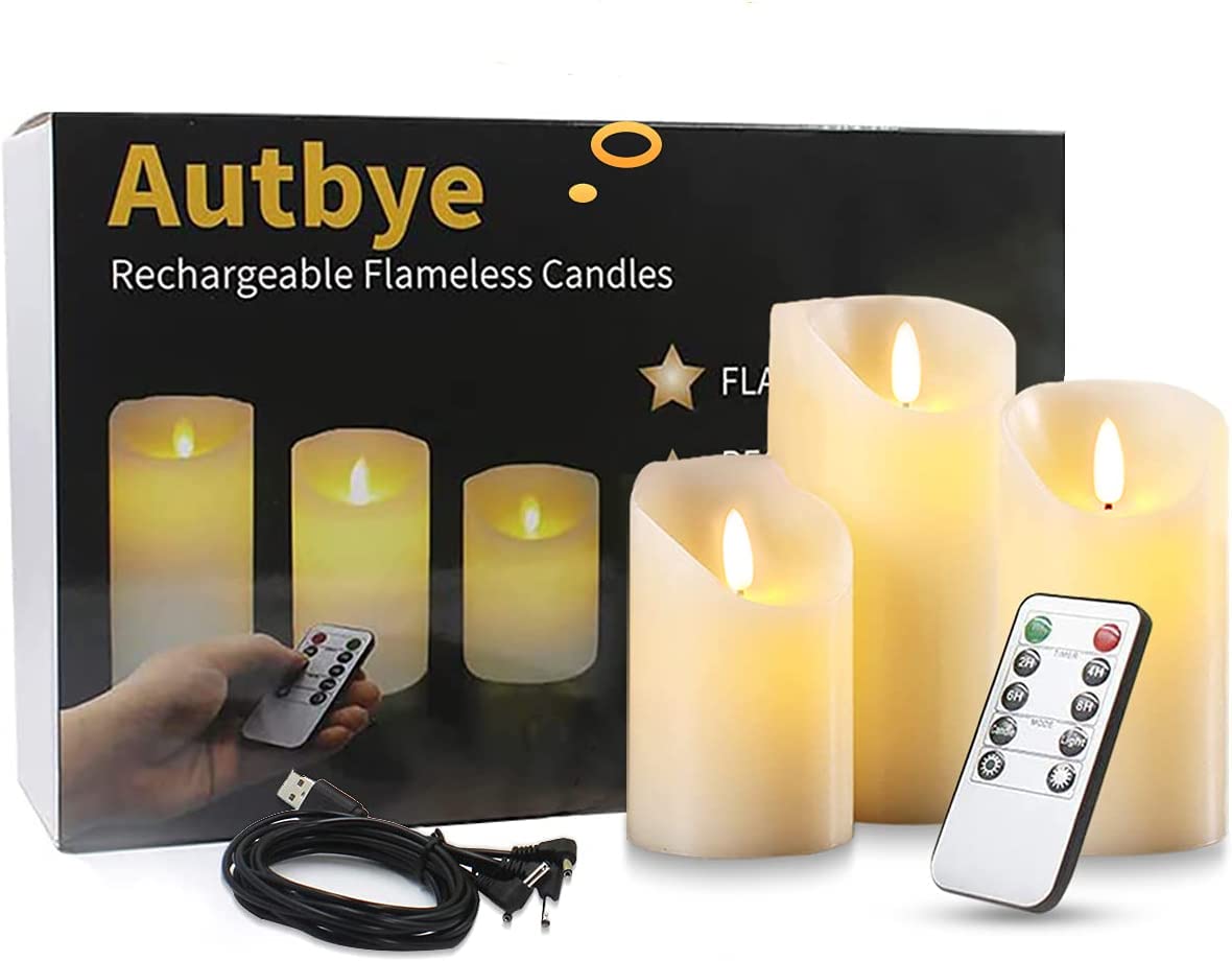 Autbye - Velas Recargables Sin Llama, Velas LED Parpadeantes con Brillo Ajustable y Control Remoto de Temporización, Luces de Té, Paquete de 3 Unidades de 10Centímetros x 13Centímetros x 15Centímetros