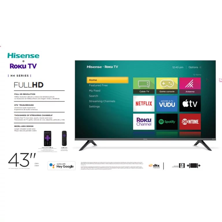Hisense Television de 43 Pulgadas Class 1080p FHD LED Smart Roku TV Bisel Delgado Modo de Juego Funciona con Asistente de Google y Alexa 43H4030F4 (Reacondicionado)