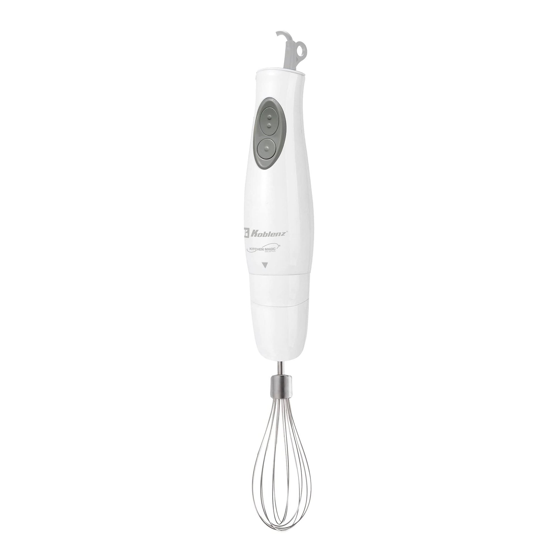 Koblenz Batidora de Mano de Inmersión Koblenz, 2 en 1, de 2 Velocidades, Batidor de Huevo, Vaso Medidor de 600ml, Eje de Acero Inoxidable, 300W, Licuados, Batidos, Sopas para Bebés, Color Blanco (BIKM-300 PB)
