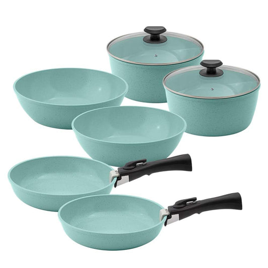 JADECOOK 2 Baterias de Cocina JADE SMART 10 Piezas Ahorra Espacio con el Mango Removible Recubrimiento Antiadherente Sarten 20 cm Cacerola 20 cm Wok 24 cm Libre de Toxicos Set de Ollas para Cocina