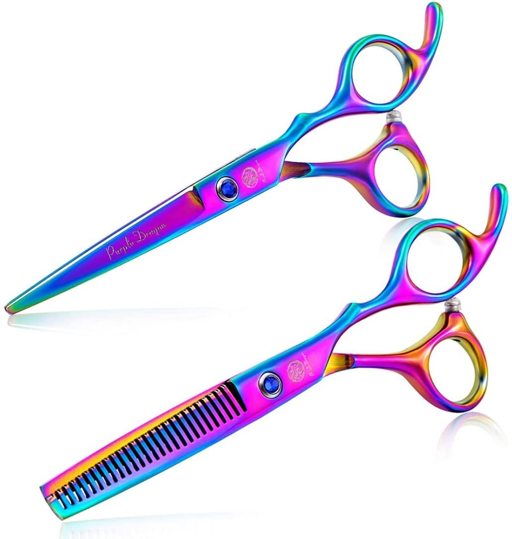 Purple Dragon - Tijeras Profesionales para Peluquería de Acero Inoxidable Japonés 440C, 14 cm y 15 cm, Multicolor