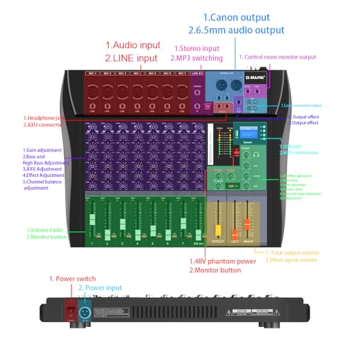 G-MARK MR80S Mezcladora de Audio Profesional 8 Canales, Consola de Audio Mixer con Interfaz USB Bluetooth, Mezcladora Digital de Estudio con Phantom Power de 48V para PC Estéreo Grabación Karoake