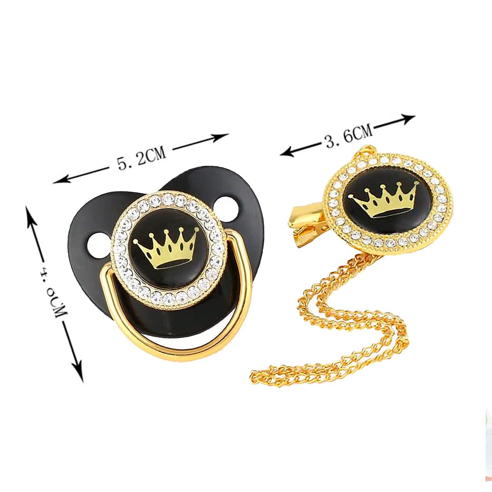 Chupón/Chupete para Bebé, Diseño VIP de Corona con Mamilla Ergonómica Libre de BPA para Niño y Niña + Clip de Seguridad y Tapa protectora | 0 a 18 meses (Negro/Corona Dorada)