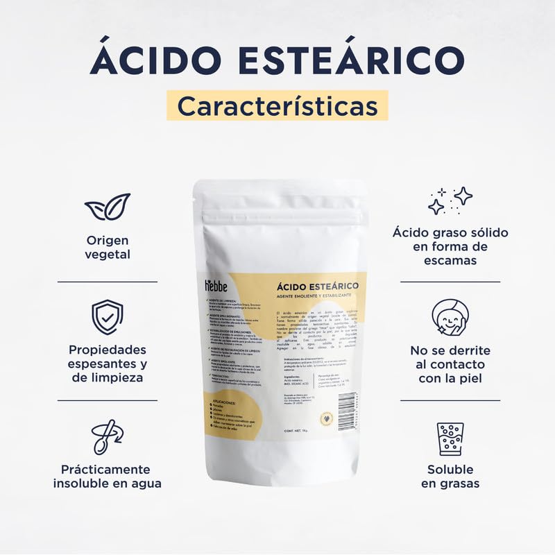 Hebbe Ácido Esteárico 1 Kg | Espesante Y Emulsionante Vegetal | Textura Sedosa | Soluble En Grasas | Cosmética Natural