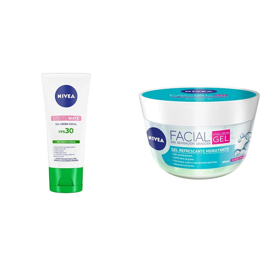 Nivea Crema Hidratante Facial Fps 30 Efecto Mate, 50ml + Gel Facial Refrescante Cuidado Facial (200 ml) con ácido hialurónico, 24 horas de humectación para un piel fresca, suave y luminosa