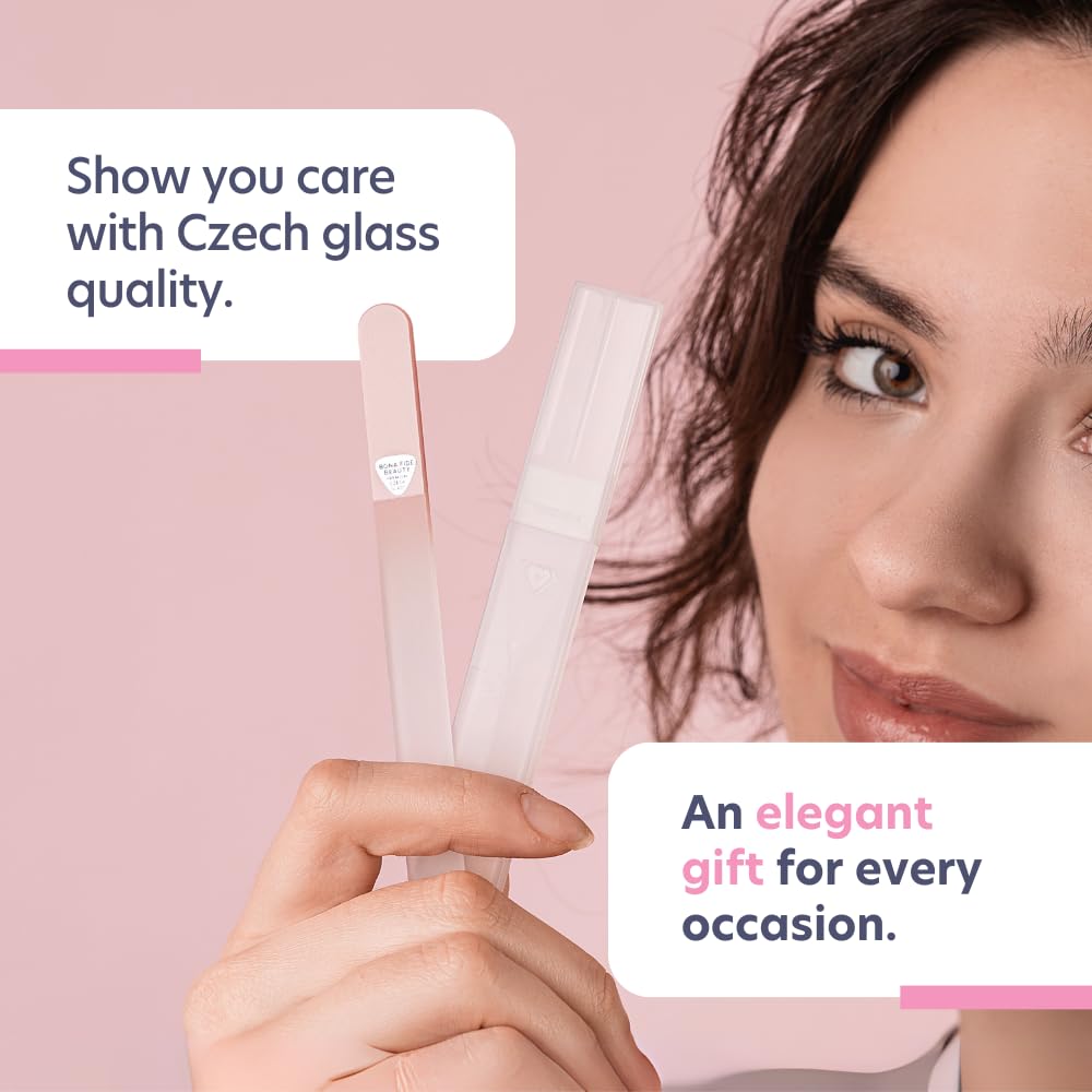 BONA FIDE BEAUTY Lima de Uñas de Cristal Checa para Uñas Naturales (Melocotón) - Grano Fino (180/240) Lima de Uñas de Cristal con Estuche Transparente. Cuidado de Uñas Fácil de Transportar.