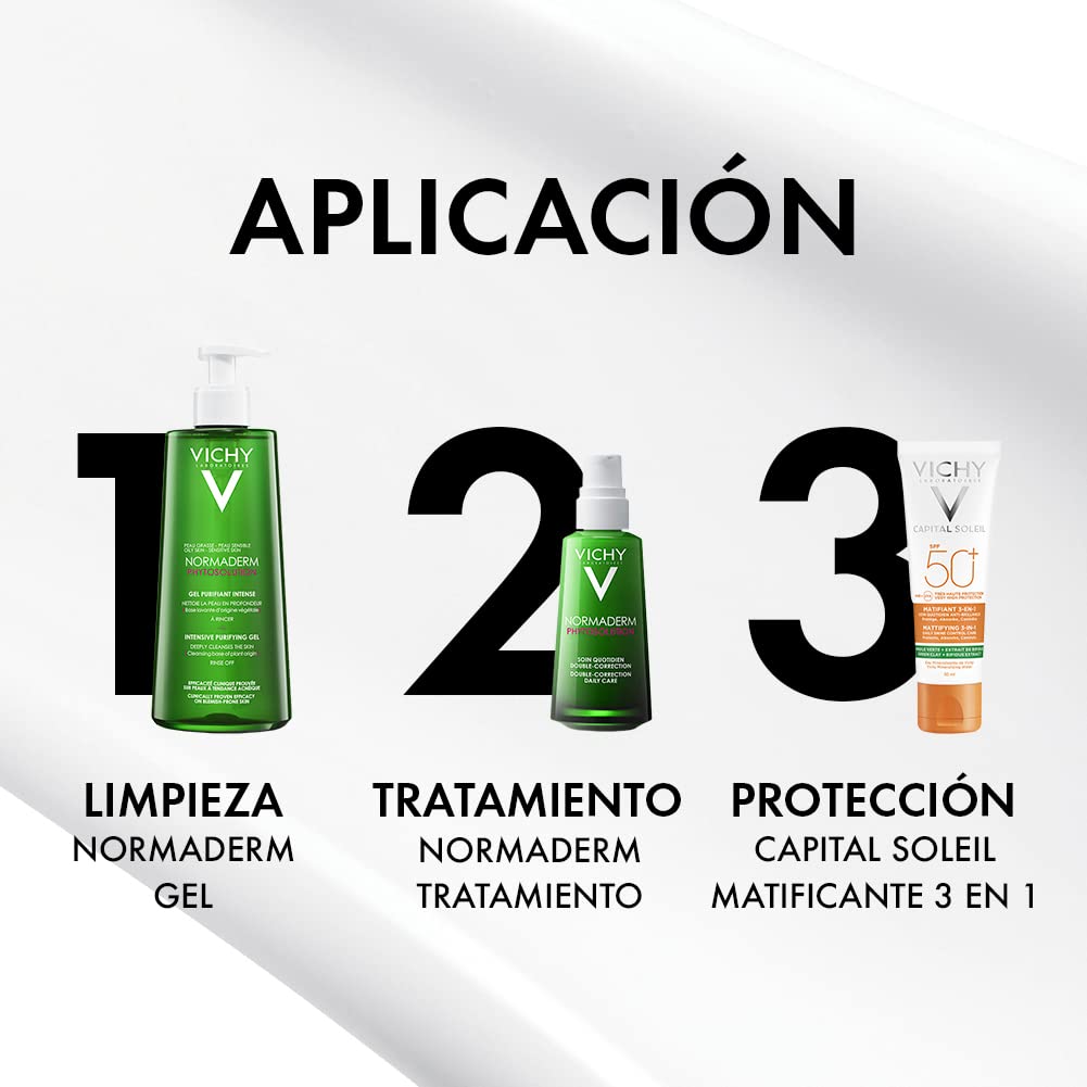 Kit anti acné: Gel Limpiador Normaderm Phytosolutions 400 ml+ Trataamiento anti-imperfecciones Phytosolutions 50 ml + Protector solar matificante Capital Soleil Mat 60 ml