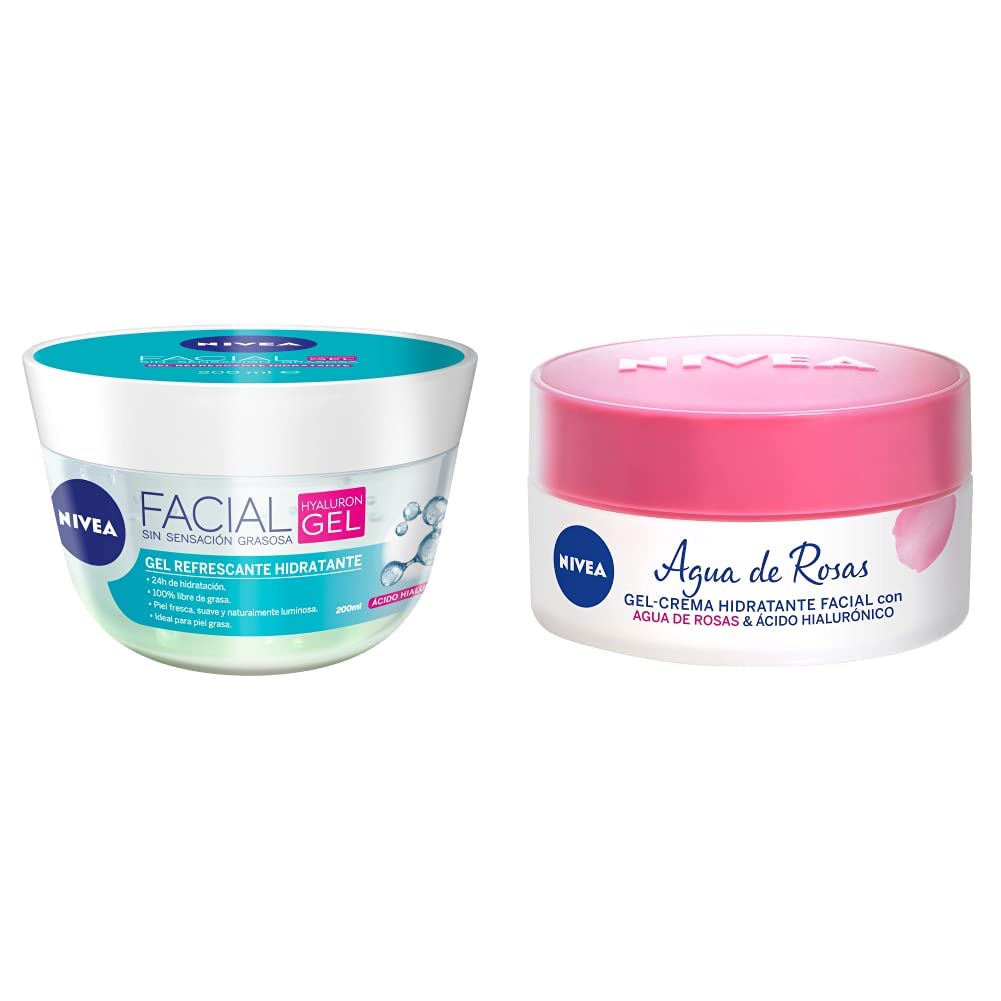 NIVEA Gel Facial Refrescante Cuidado Facial (200 ml) con ácido hialurónico, 24 horas de humectación para un piel fresca, suave y luminosa + Gel Crema Hidratante Facial Agua De Rosas (50 ml)