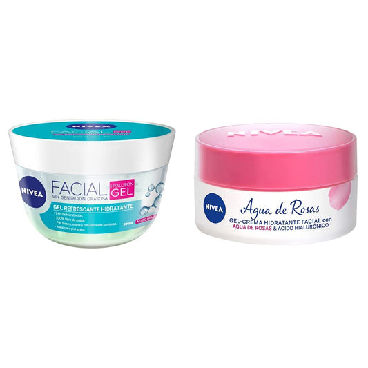 NIVEA Gel Facial Refrescante Cuidado Facial (200 ml) con ácido hialurónico, 24 horas de humectación para un piel fresca, suave y luminosa + Gel Crema Hidratante Facial Agua De Rosas (50 ml)