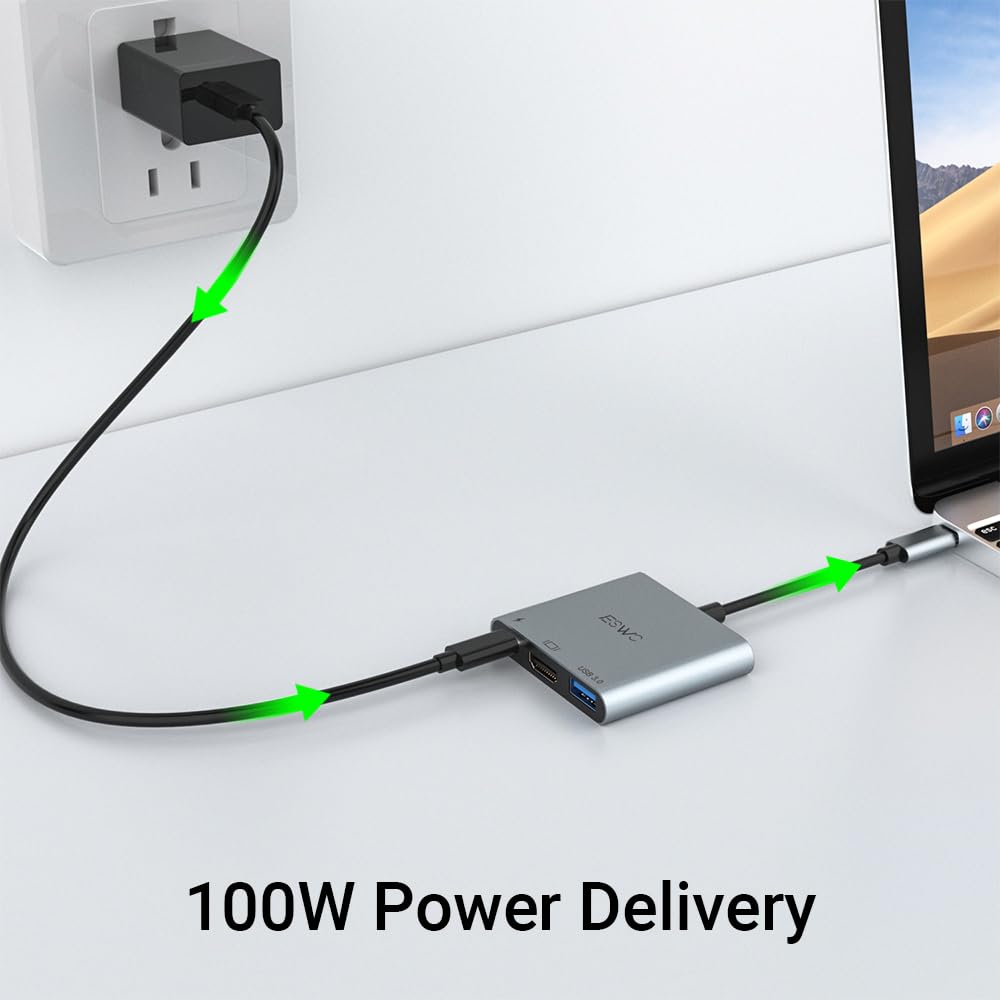 JESWO Adaptador USB C a HDMI, 3 en 1 USB C Hub, Adaptador Tipo C Multipuerto con Puerto de Salida HDMI 4K, Puerto USB 3.0 y PD 87W Carga, Compatible con MacBook/iMac Pro