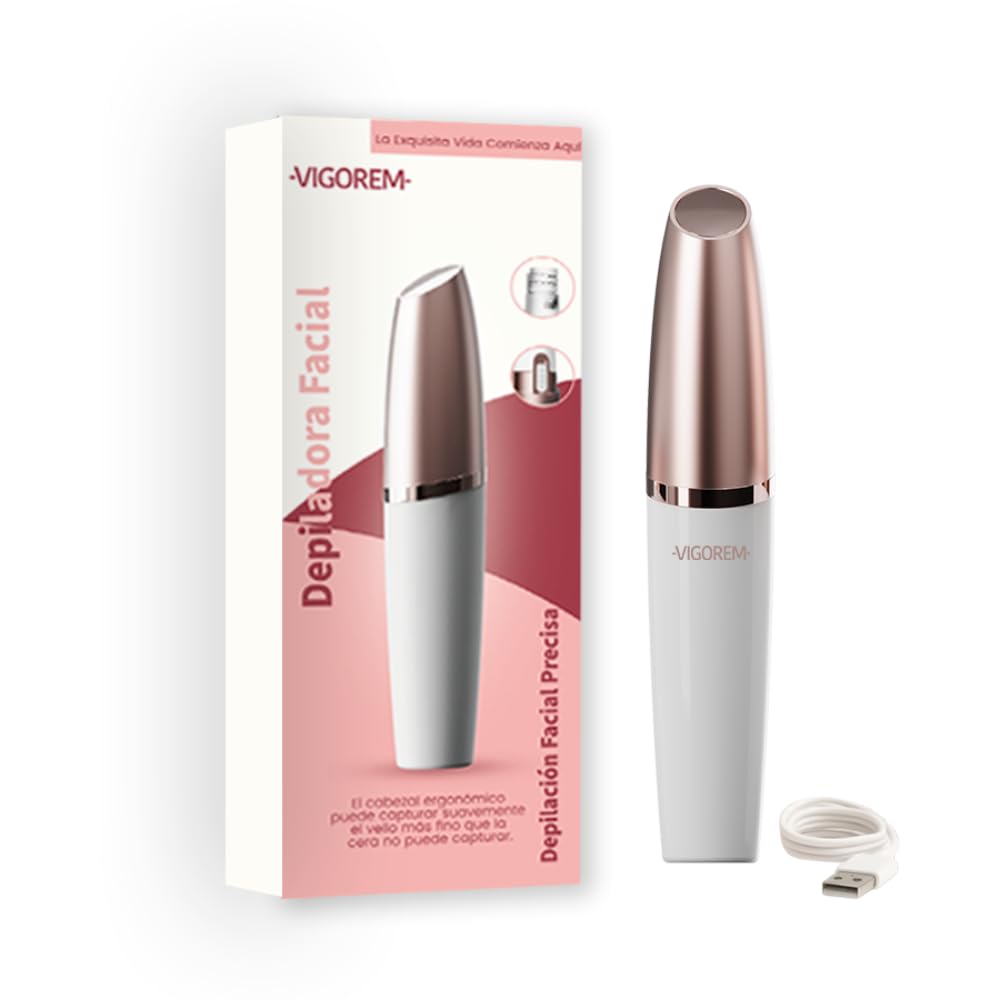 VIGOREM Depiladora Facial Mujer con Luz LED y Cabezal Ergonómico – Removedor Indoloro de Vello Recargable USB, Motor 5W – Depiladora Eléctrica para Labio Superior, Barbilla, Mejillas, Piernas y Brazos