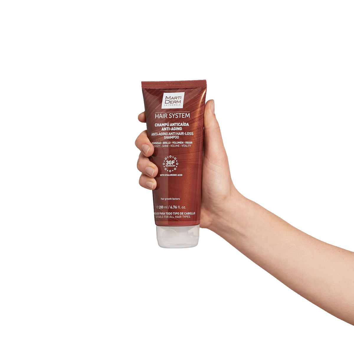 MartiDerm Hair System Champú/Shampoo Anticaída Antiaging. Factores de crecimiento capilar HGFx3 + Ácido hialurónico. Combate el envejecimiento capilar. Aporta densidad, brillo, volumen y vigor - 200 Ml