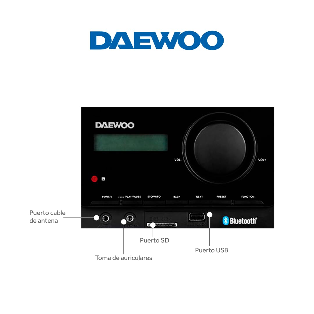 Select Sound Daewoo Mini Componente 2 Altavoces de 5W, Bluetooth, Radio estéreo FM, Reproductor CD´s, USB, SD, Incluye Control Remoto.