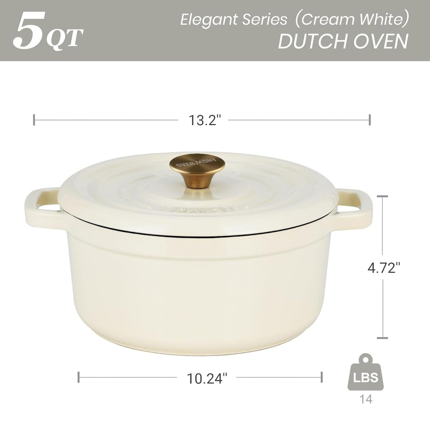 Overmont Cacerola de hierro fundido esmaltado, 26 cm, apta para horno, con tapa y libro de cocina, para asar, cocina, hornear, guisar, color blanco