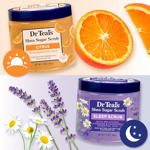 Dr Teal's Shea Sugar Body Scrub, Daytime/Nighttime with Vitamin C and Sleep Blend, 19 oz (Pack of 2) (Packaging May Vary)