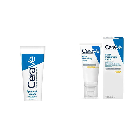 CeraVe Loción Hidratante de Rostro FPS30 |52ml| Hidratante facial diario con protector solar | Libre de fragancia + Crema Reparadora para el Contorno de Ojos