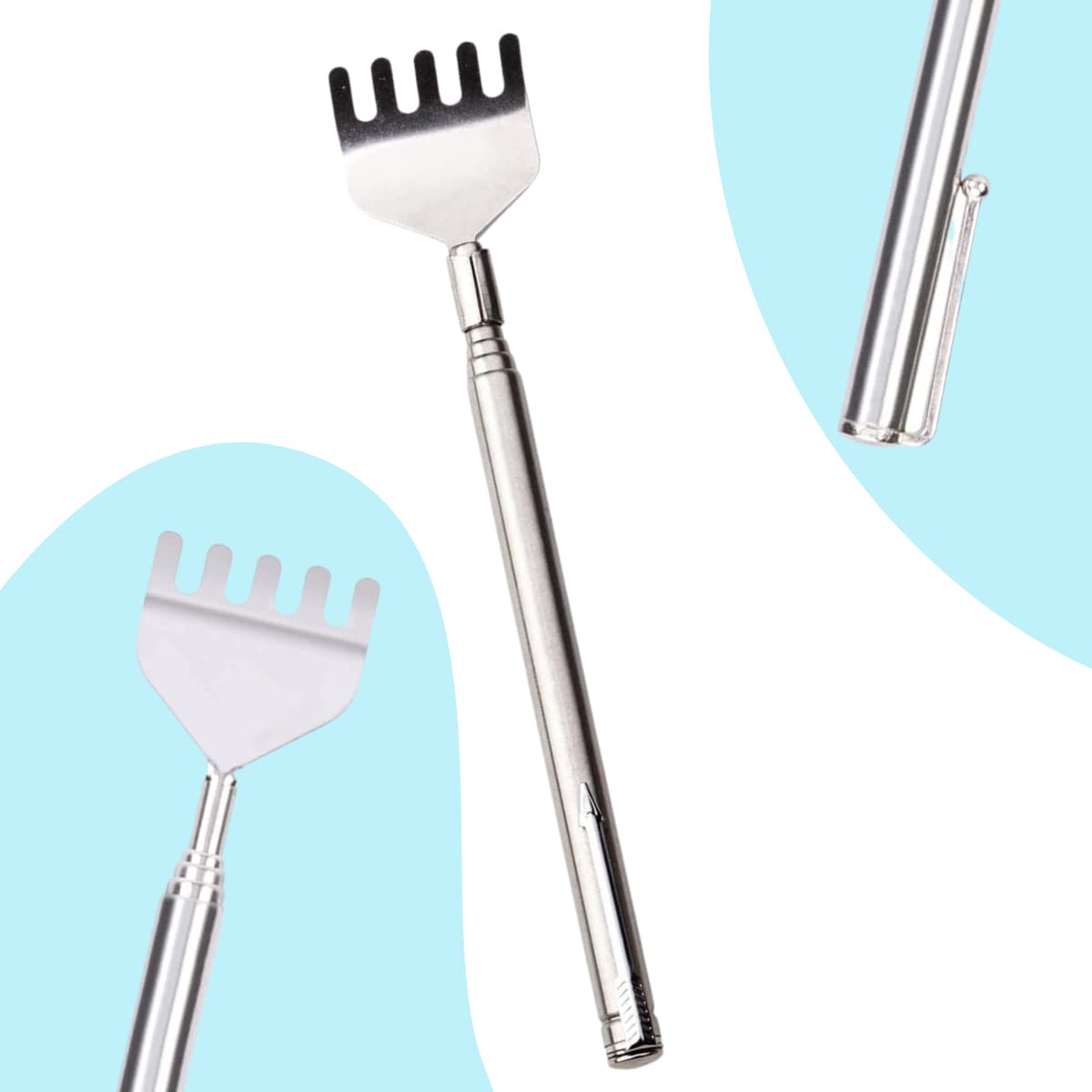 Manita Rascadora Extensible Mano De Metal Para Rascar 1pz Rascador de espalda de acero inoxidable con mango telescópico para guardarlo y llevarlo a todos lados. Manita para espalda.