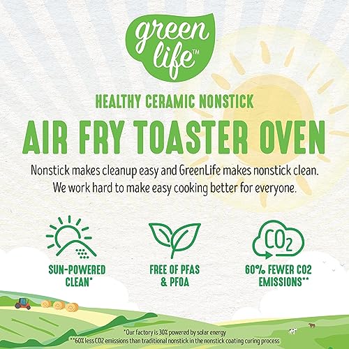 GreenLife - Freidora de aire para horno tostador de encimera de acero inoxidable, antiadherente de cerámica saludable, última intervensión de PFAS y PFOA, bandeja y cesta, hornear, asar, recalentar,