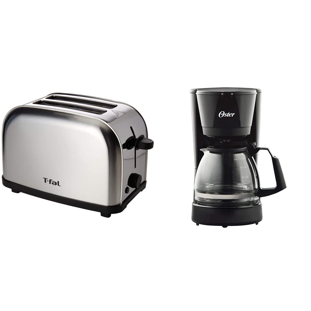 Tostador de Pan T-Fal TT330DMX Ultra Toaster Compacto Inox para dos panes con 6 niveles de temperatura de 700W y acero inoxidable + Cafetera Oster® de 5 tazas con filtro permanente BVSTDC05