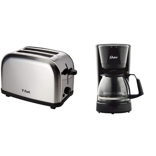 Tostador de Pan T-Fal TT330DMX Ultra Toaster Compacto Inox para dos panes con 6 niveles de temperatura de 700W y acero inoxidable + Cafetera Oster® de 5 tazas con filtro permanente BVSTDC05