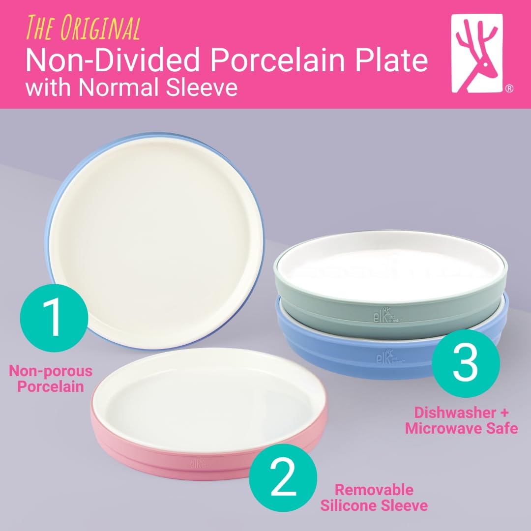 Elk and Friends Kids - Platos blancos de porcelana de 7.8 pulgadas con mangas de silicona, adecuados para bebés/niños pequeños, aptos para microondas y lavaplatos, vajilla antideslizante, platos de