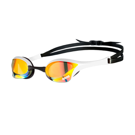 Arena Cobra Ultra Swipe Racing - anteojos de natación para hombres y mujeres, lente espejo, antivaho, protección UV, cobre amarillo/blanco