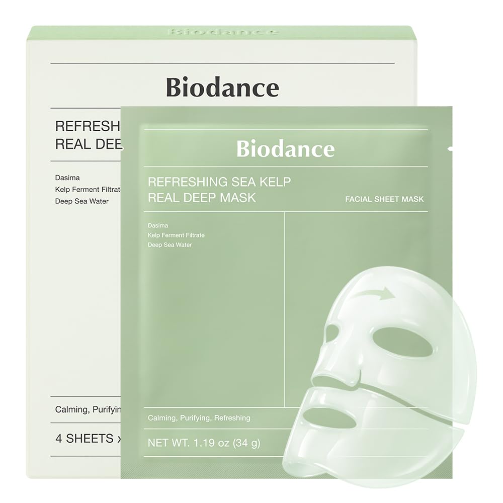 BIODANCE Mascarilla refrescante de algas marinas profundas, máscara de hidrogel durante la noche, calmante, control de aceite y sebo, cuidado de manchas, 1.19 oz (34g) x 4ea