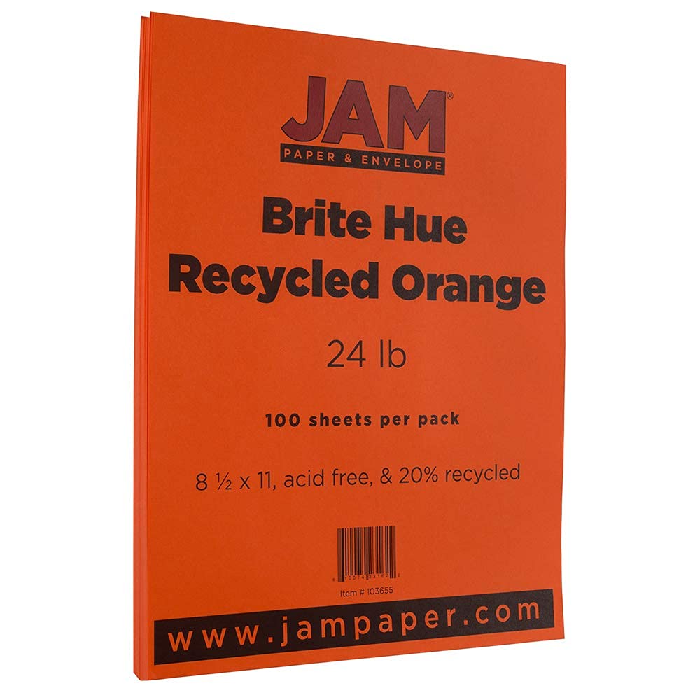 JAM PAPER Papel de color de 25 libras, 90 g/m², 8,5 x 11 pulgadas, reciclado naranja, 50 hojas por paquete