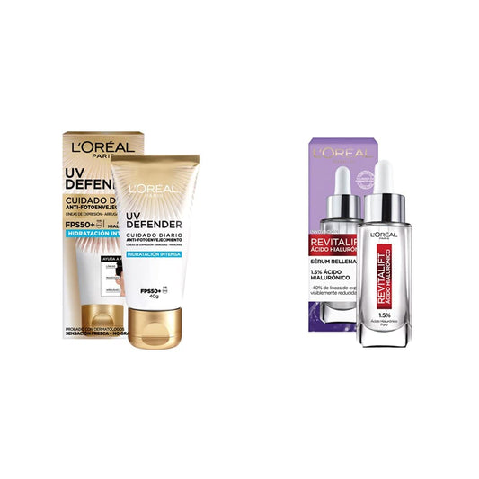 L'Oréal Paris Protector Solar Diario Hidratación Intensa FPS50+ UV Defender, 40ml + Serum Facial Anti Arrugas Acido Hialuronico Revitalift