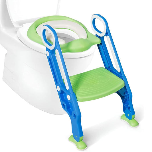 Asiento Entrenador para Inodoro con Escalera Antideslizante - Asiento de Entrenamiento para Baño Niño, Taburete Plegable Infantil para Taza de Baño, con Acolchonado, para Niños y Niñas (Azul Verde）