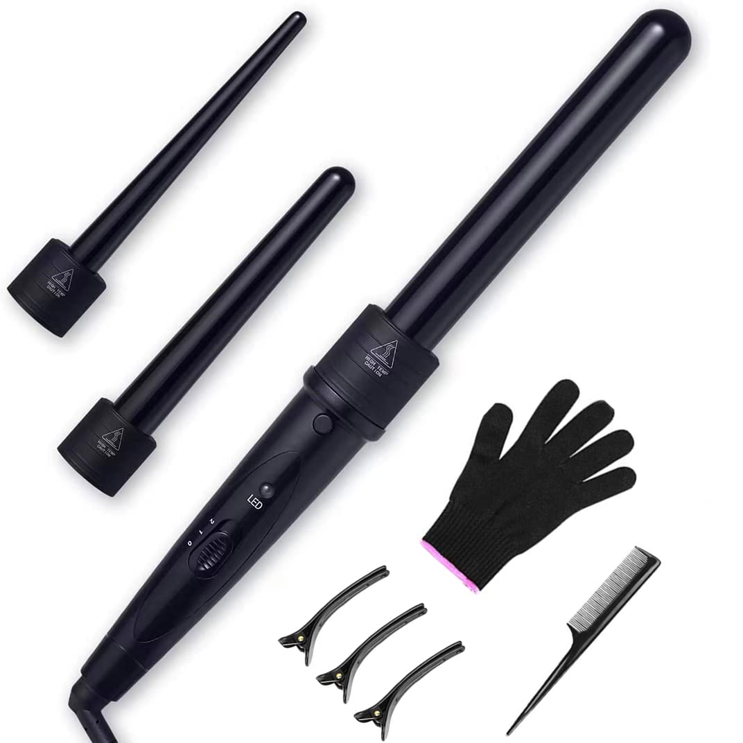 Rizador de Cabello, 3 en 1 Pinzas Rizadoras con Guantes, Rizador de Pelo de Cerámica Ajustable con Peines y Clips Juego de varillas de rizador de pelo con LED de Temperatura Ajustable para Cabello Largo y Corto Herramientas de Peinado