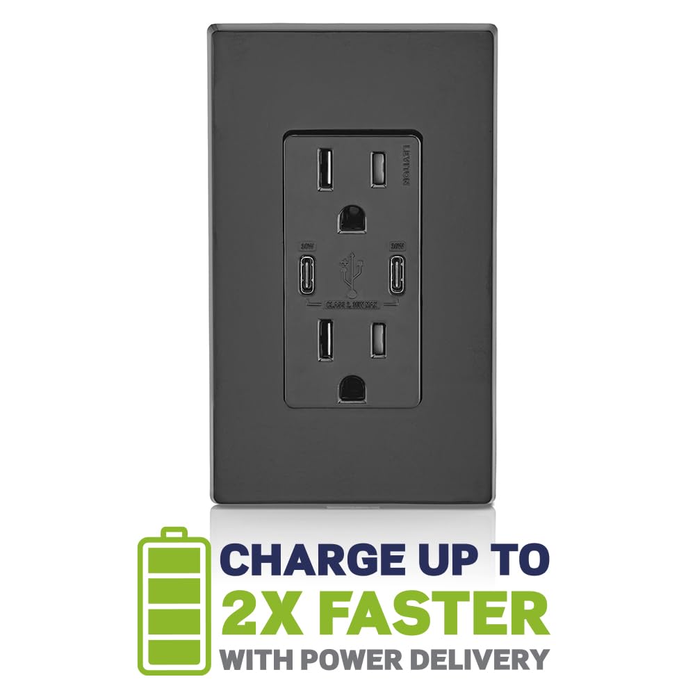 Leviton 005-T5635-00E Combinación Contacto Doble a Prueba de Manipulaciones y Contacto USB tipo C/C, Negro
