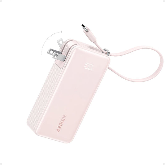 Cargador Portátil Anker 3-en-1 USB C Negro de 10,000mAh con Cable Integrado y Enchufe Plegable para iPhone 15 Series, Samsung Galaxy, MacBook