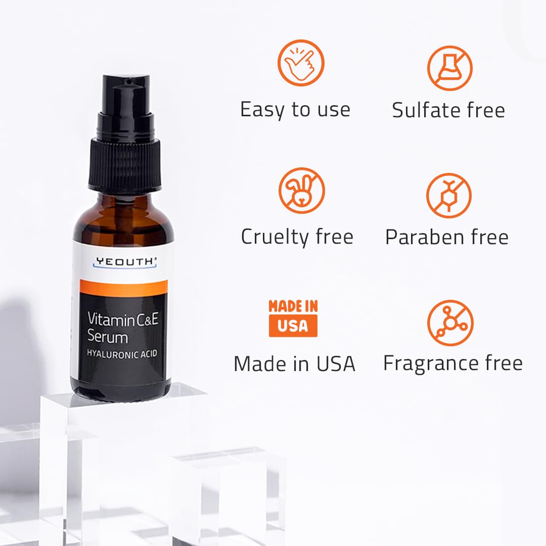 YEOUTH Suero Facial de Vitamina C con Ácido Hialurónico y Vitamina E, Vegano, Suero Antimanchas y Antiarrugas para el Rostro, Apto para Dermaroller, Combo con Hidratante Crema Solar Facial 30ml
