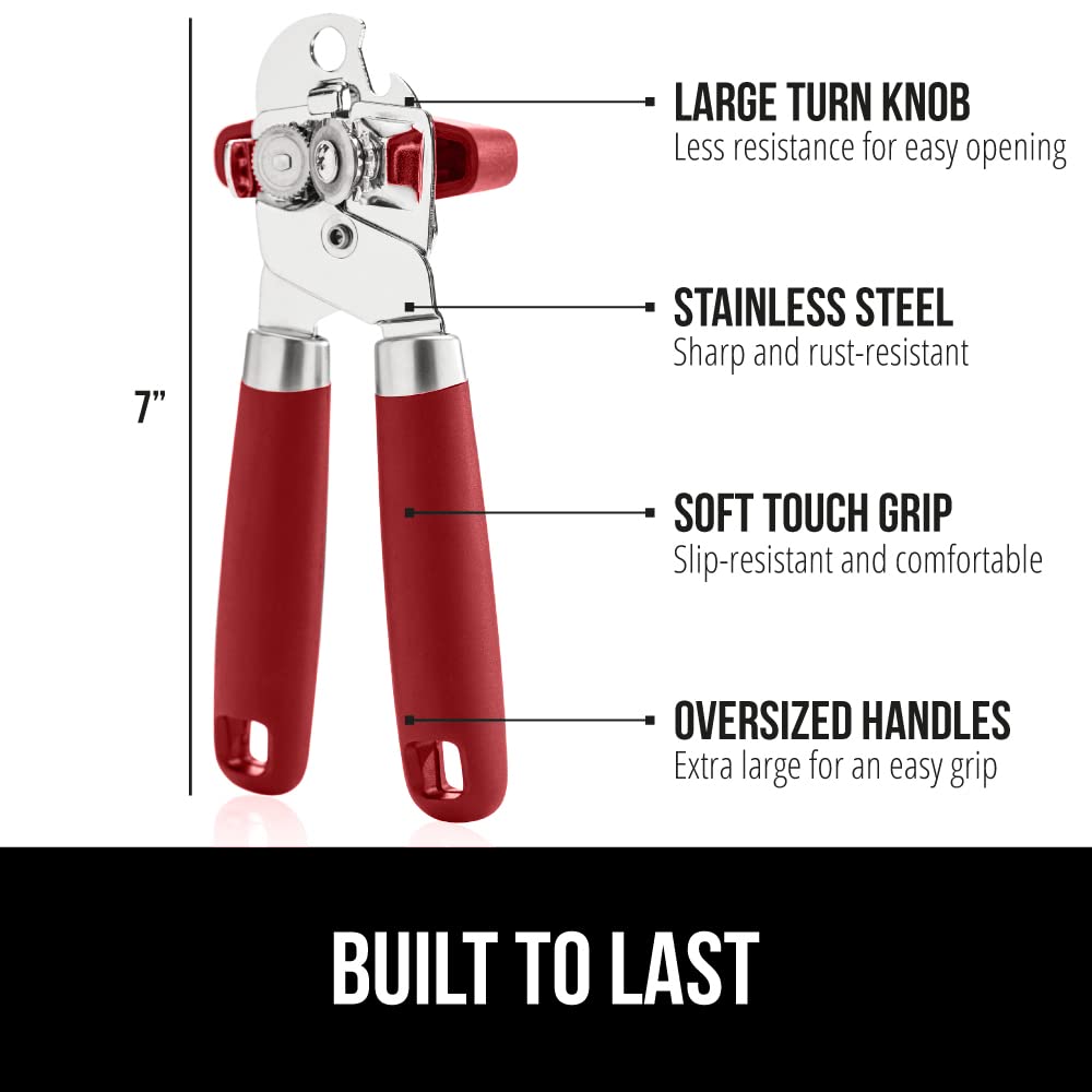 Gorilla Grip Abrelatas manual de mano de acero inoxidable resistente con borde liso con mango suave al tacto, a prueba de óxido, perilla de mano fácil giro, el mejor abridor de tapa grande para cocina, red