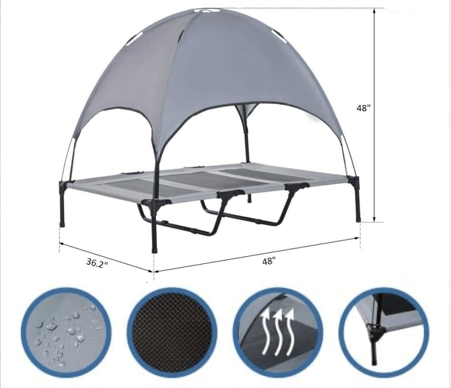 Cama Elevada de Perro RongPin Portátil Oxford con Canopy Extraíble y Bolso en X-Large para Mascotas de Camping