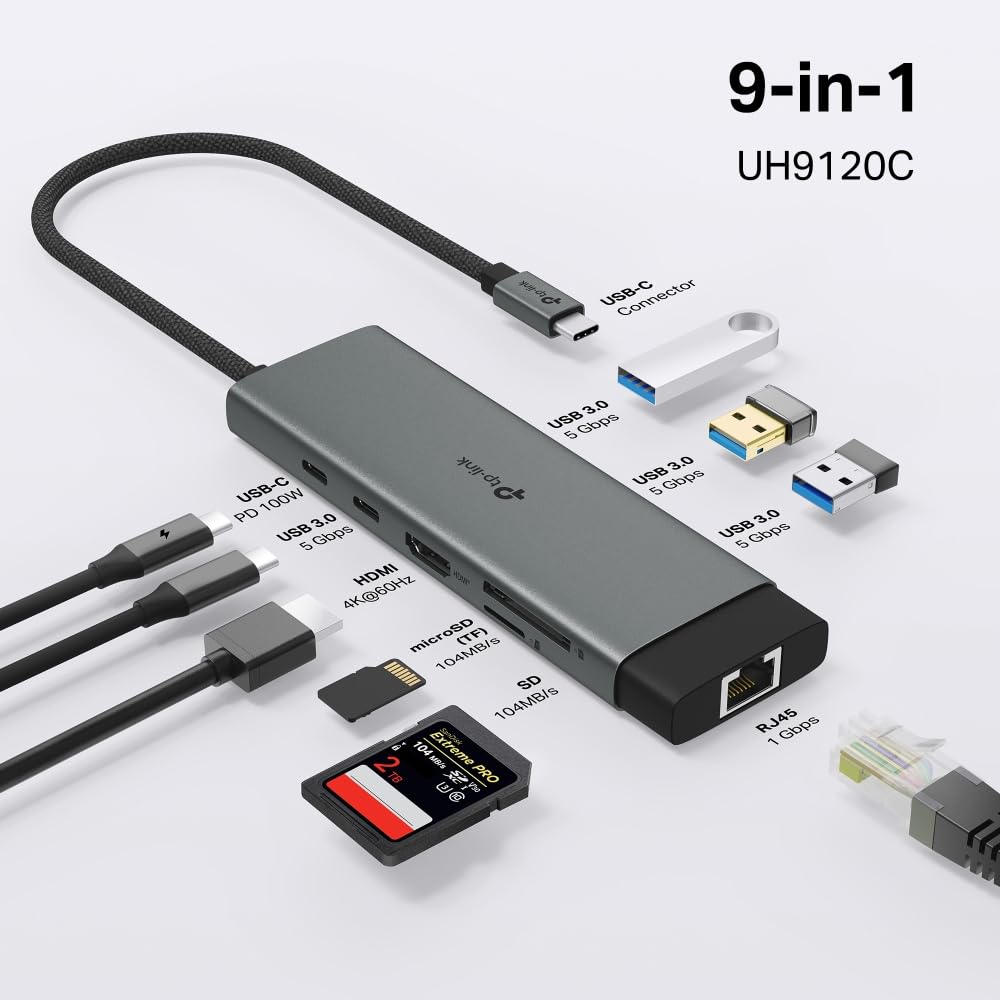 TP-Link Hub USB-C 9 en 1, HDMI 4K 60Hz, PD 100W, Ethernet Gigabit, SD/microSD, Puertos USB-C 5Gbps y 3× USB-A, Plug & Play, Compatible con MacOS, Windows, iOS, Android, ChromeOS (UH9120C)