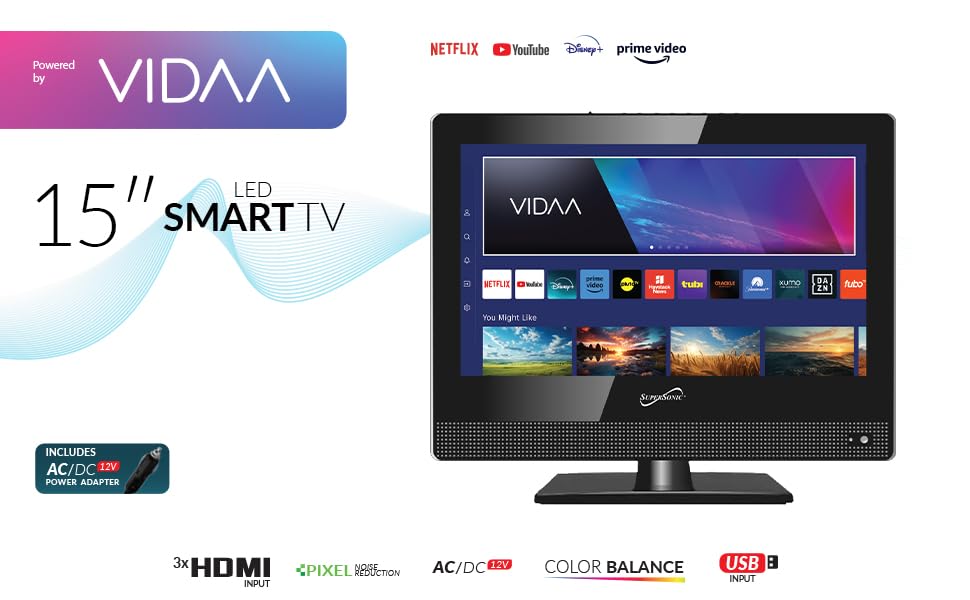 Televisor LED Supersonic 15.6 Pulgadas VIDAA 1080p WiFi para Sala de Juegos y Cocina