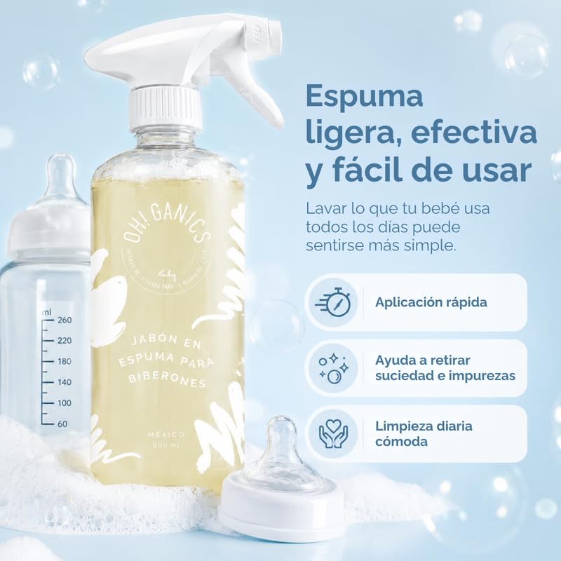 OH! GANICS Jabón Espuma para Biberones 500 ml, Ligera y Sin Fragancia