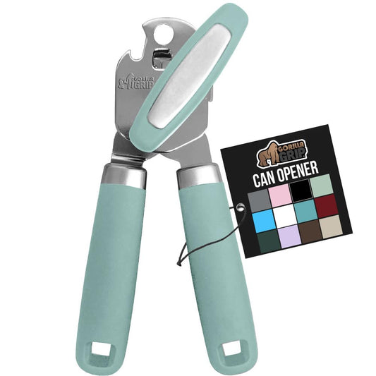 Gorilla Grip Abrelatas manual de mano de acero inoxidable resistente con borde liso con mango suave al tacto, a prueba de óxido, perilla de mano fácil giro, el mejor abridor de tapa grande para cocina, menta